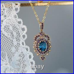 Natural London Blue Topaz Sapphire Pearl Vintage Style Pendant in solid 9K Gold