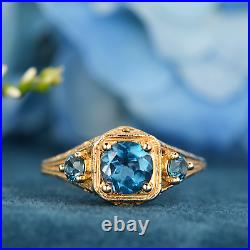 Natural London Blue Topaz Vintage Style Filigree Three Stone Ring in 14K Gold