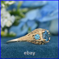 Natural London Blue Topaz Vintage Style Filigree Three Stone Ring in 14K Gold