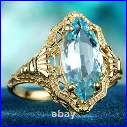 Natural Marquise Blue Topaz Vintage Style Filigree Ring in Solid 9K Gold