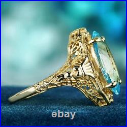 Natural Marquise Blue Topaz Vintage Style Filigree Ring in Solid 9K Gold