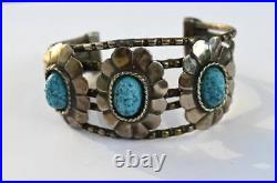 Navajo style Blue carved turquoise & Sterling Vintage Cuff 7.5 wearable 45 gram