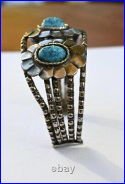 Navajo style Blue carved turquoise & Sterling Vintage Cuff 7.5 wearable 45 gram