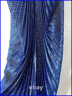 New Leaf by Samir Vntg 80's Metallic Blue Pleated Dress Travilla Style Sz 9/10