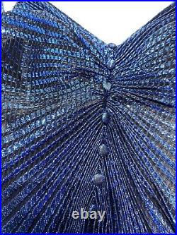 New Leaf by Samir Vntg 80's Metallic Blue Pleated Dress Travilla Style Sz 9/10