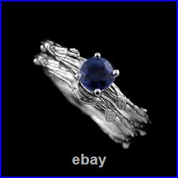 Organic Design Vintage Style Blue Sapphire 14K White Gold Engagement Ring