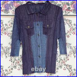 Pleated Blouse Tops Shirt Vintage Colorful Denim Style Blue Navy Retro Japan