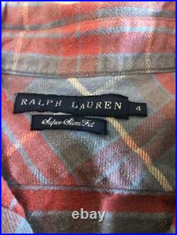 Ralph Lauren Vintage Style Flannel Shirt Size 4 Plaid Light Blue 100% Cotton