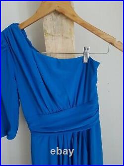 Retro 70s 80s Styled Blue Full Length One Shoulder Prom Formal Dress