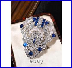 Retro Vintage Style Lab-Created Diamonds, Blue Sapphires & Pearls Royal Brooch