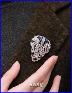 Retro Vintage Style Lab-Created Diamonds, Blue Sapphires & Pearls Royal Brooch