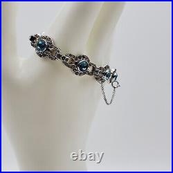 Sterling Silver Blue Crystal Bracelet Vintage Deco Style Quartz Safety Chain 7