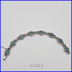 Sterling Silver Blue Crystal Bracelet Vintage Deco Style Quartz Safety Chain 7