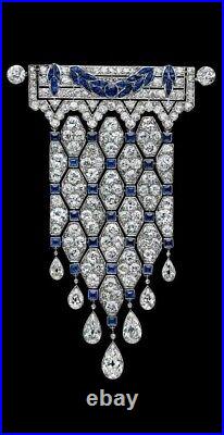 Unique Vintage Art Deco Style Royal blue sapphire & CZ 925 Silver Brooch pin