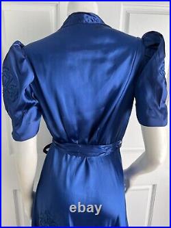 Vintage 1940s WWII era Crepe Back Satin Royal Blue Day Robe Trapunto Style L