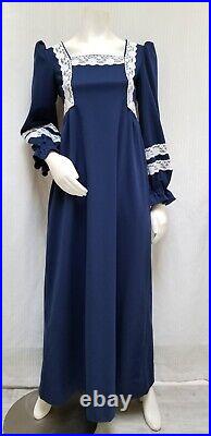 Vintage 70s Gunne Sax Style Blue Knit White Lace Trim Prairie Maxi Dress XS/S