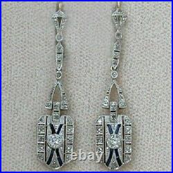 Vintage Art Deco Style Blue Sapphire & 3.8Ct Diamond Wedding 925 Silver Earrings