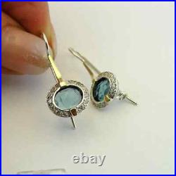 Vintage Art Deco Style SS925 Silver Lab Blue Topaz & Diamond Long Hoop Earrings