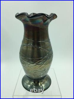 Vintage Art Nouveau Style Iridescent Threaded Floral Art Glass Vase
