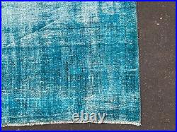 Vintage Blue Overdyed Turkish Handmade Style Wool Runner Rug Distressed Turkish