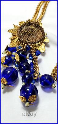 Vintage Brass Blue Glass Beaded Czech Haskell Style Necklace