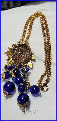 Vintage Brass Blue Glass Beaded Czech Haskell Style Necklace