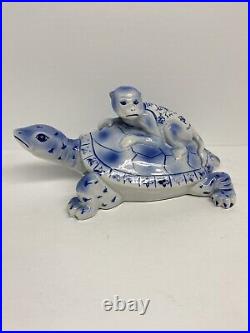 Vintage Chinoiserie Style Rare Blue & White Monkey Riding Turtle Back Statue
