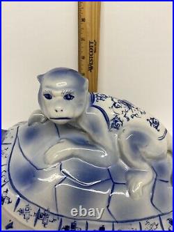 Vintage Chinoiserie Style Rare Blue & White Monkey Riding Turtle Back Statue