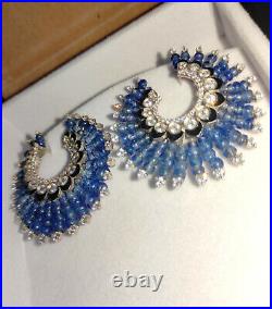 Vintage Cluster Hoop Style Blue Sapphire Beads With Brilliant Cut CZ Earrings