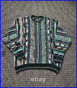 Vintage Coogi Style 3D Knit Sweater Cosby Green Blue Crazy Size XL Chunky