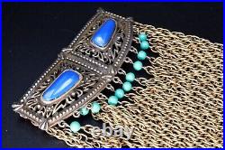 Vintage Etruscan Style Blue Lapis Turquoise Glass Tassel Statement Necklace