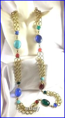 Vintage Long Blue, Turquoise, Ruby, & Green Gripoix Style Poured Glass Necklace