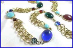 Vintage Long Blue, Turquoise, Ruby, & Green Gripoix Style Poured Glass Necklace