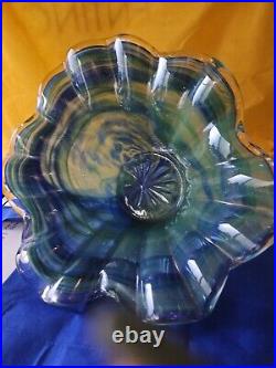 Vintage Murano Style Swirled Blue & Green Glass Fluted Bowl