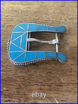 Vintage Native Style Blue Turquoise Inlay Sterling Silver Ranger Belt Buckle