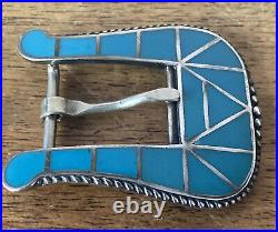 Vintage Native Style Blue Turquoise Inlay Sterling Silver Ranger Belt Buckle