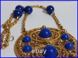 Vintage Pauline Rader Gold Tone Blue Ball Statement Style Necklace
