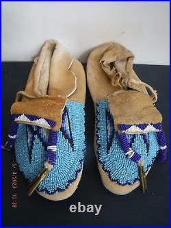 Vintage Rare Authentic Navajo Style Blue Beaded Moccasins Native American