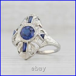 Vintage Style 2Ct Round Created Blue Sapphire Navette Ring 14K White Gold Finish