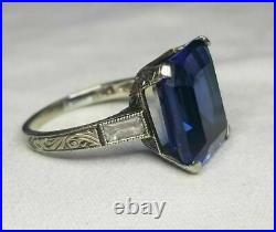 Vintage Style 3Ct Emerald Cut Created Blue Sapphire Ring 14K White Gold Finish