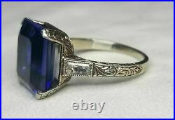 Vintage Style 3Ct Emerald Cut Created Blue Sapphire Ring 14K White Gold Finish