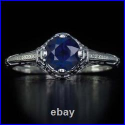 Vintage Style Art Deco Round 1 Carat Blue Sapphire Filigree Fine Ring Solitaire