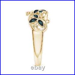 Vintage Style Blue Diamond Flower Scroll Ring in 14K Yellow Gold Size 7