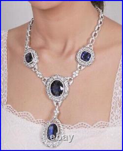Vintage Style Blue Oval & Cushion Moissanites Studded Women's Necklaces In 925