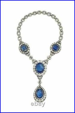 Vintage Style Blue Oval & Cushion Moissanites Studded Women's Necklaces In 925