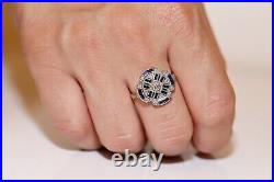 Vintage Style Blue Sapphire Lab Created Diamond 14k Gold Finish Engagement Ring