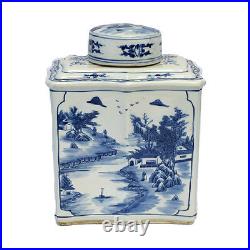 Vintage Style Blue and White Chinese Porcelain Tea Caddy Jar Landscape Motif 14