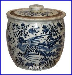 Vintage Style Blue and White Phoenix Motif Bowl With Lid Jar 12