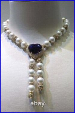 Vintage Style Cultural Pearl Necklace 14k Gold Plated Blue Sapphire Heart Strand