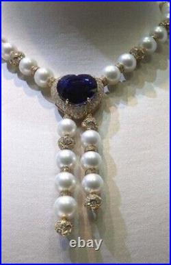 Vintage Style Cultural Pearl Necklace 14k Gold Plated Blue Sapphire Heart Strand